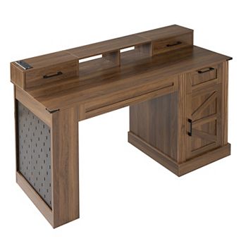 KWPZQEB 55" Farmhouse Barn Door Office Desk with Storage Cabinet & Charging Station, Pegboard