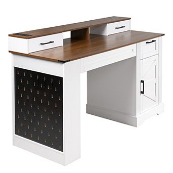 KWPZQEB 55" Farmhouse Barn Door Office Desk with Storage Cabinet & Charging Station, Pegboard