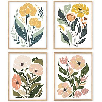 Boho Floral Abstract Wall Art Print Set of 4 Minimalist Home Decor