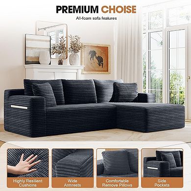 94.5" Right-Facing Sectional Corduroy Couch with Reversible Chaise, L-Shaped for Living Room