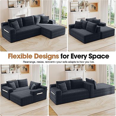 94.5" Right-Facing Sectional Corduroy Couch with Reversible Chaise, L-Shaped for Living Room