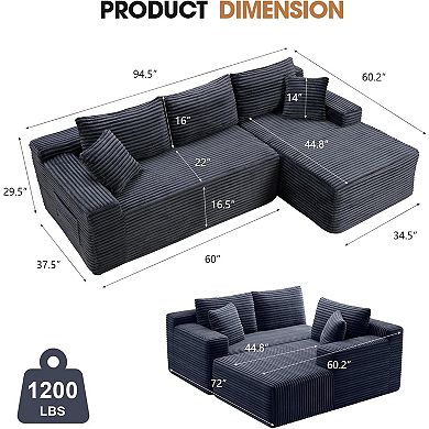 94.5" Right-Facing Sectional Corduroy Couch with Reversible Chaise, L-Shaped for Living Room