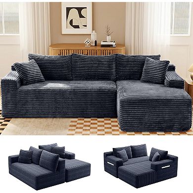 94.5" Right-Facing Sectional Corduroy Couch with Reversible Chaise, L-Shaped for Living Room