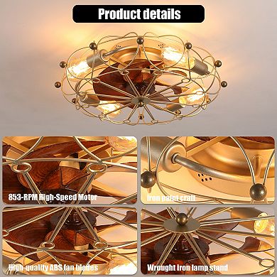 KWPZQEB Retro Embedded Low Profile Caged Ceiling Fan with Lights Remote Control for Bedroom, No Bulb