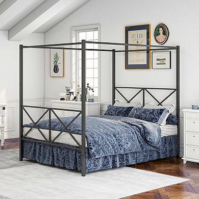 KWPZQEB Metal Canopy Bed, Platform Bed Frame with X Shaped Headboard&Footboard,No Box Spring Needed