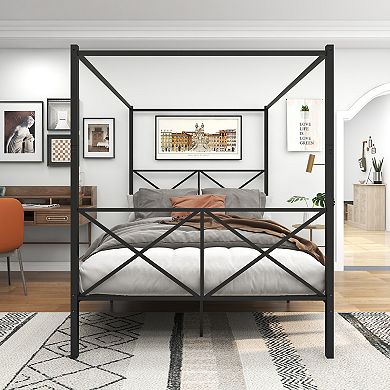 KWPZQEB Metal Canopy Bed, Platform Bed Frame with X Shaped Headboard&Footboard,No Box Spring Needed