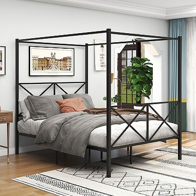 KWPZQEB Metal Canopy Bed, Platform Bed Frame with X Shaped Headboard&Footboard,No Box Spring Needed