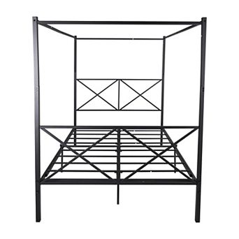 KWPZQEB Metal Canopy Bed, Platform Bed Frame with X Shaped Headboard&Footboard,No Box Spring Needed