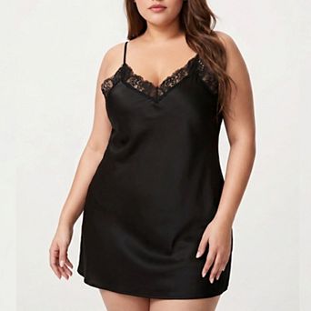 Women's Plus Size Satin Chemise Lace Trim V Neck Sleep Dress Adjustable Strap Slip Nightgown
