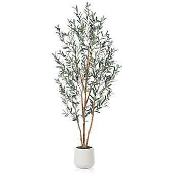 Fake Olive Tree in Oval White Planter, Faux Olive Tree with Realistic Leaves and Natural Trunk