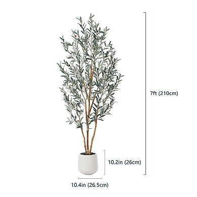 Fake Olive Tree in Oval White Planter, Faux Olive Tree with Realistic Leaves and Natural Trunk