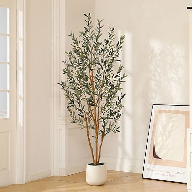Fake Olive Tree in Oval White Planter, Faux Olive Tree with Realistic Leaves and Natural Trunk