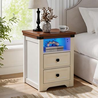 White Farmhouse Side Table with Charging Station,Antique Nightstand with Drawer,Open Shelf,Bedroom
