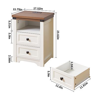 White Farmhouse Side Table with Charging Station,Antique Nightstand with Drawer,Open Shelf,Bedroom