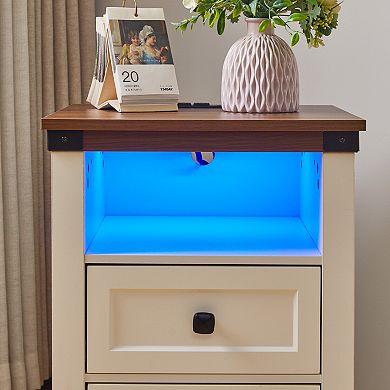 White Farmhouse Side Table with Charging Station,Antique Nightstand with Drawer,Open Shelf,Bedroom