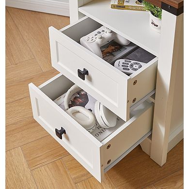 White Farmhouse Side Table with Charging Station,Antique Nightstand with Drawer,Open Shelf,Bedroom