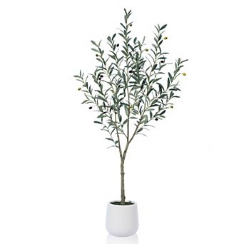 Faux Olive Tree with Oval White Planter, Pre Potted Fake Greenry Olive Tree for Home Decor