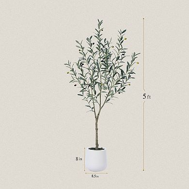 Faux Olive Tree with Oval White Planter, Pre Potted Fake Greenry Olive Tree for Home Decor