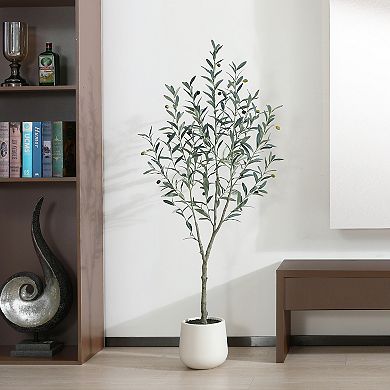 Faux Olive Tree with Oval White Planter, Pre Potted Fake Greenry Olive Tree for Home Decor