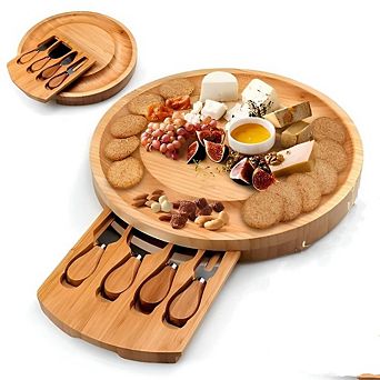 100% Premium Bamboo Charcuterie Board Gift Set with 4 Knives & Serving Plates, Ideal for gift