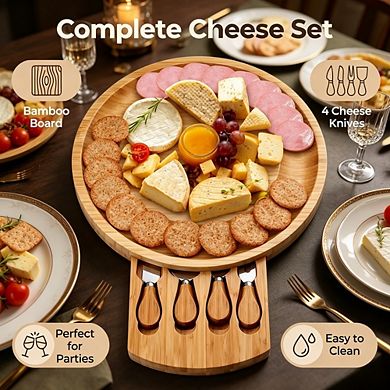 100% Premium Bamboo Charcuterie Board Gift Set with 4 Knives & Serving Plates, Ideal for gift