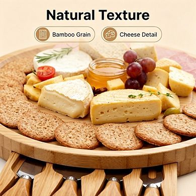 100% Premium Bamboo Charcuterie Board Gift Set with 4 Knives & Serving Plates, Ideal for gift