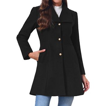 Women's Single Breasted Pea Coat Winter Warm Long Sleeve Lapel Mid-Long A-Line Slim Jacket