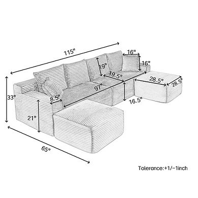 115" Comfy U-Shaped Sectional Modern Boneless Corduroy Couch with Chaise and Ottoman