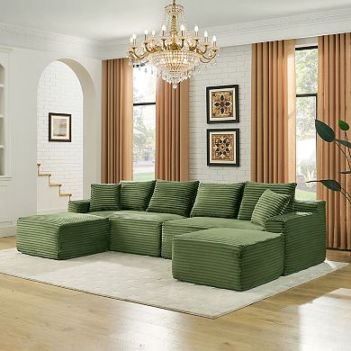 115" Comfy U-Shaped Sectional Modern Boneless Corduroy Couch with Chaise and Ottoman