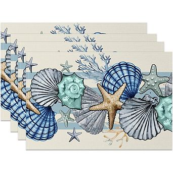 Sea Shell & Starfish Placemats Set of 4, Linen, Washable, Durable Table Mats