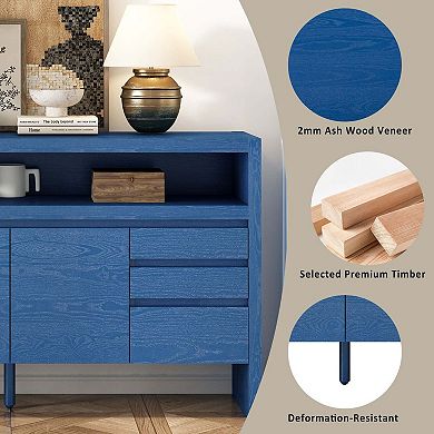 60-Inch Modern 3-Door Sideboard with Drawers and Shelf - Versatile Ash Wood Storage Cabinet