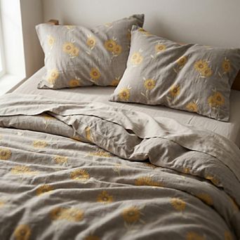 4 pc Cotton Bedding Set with Sunflower Print Duvet Cover, Pillowcases, and Flat Sheet