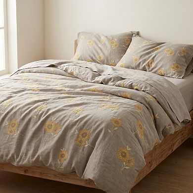 4-Piece Cotton Bedding Set with Sunflower Print Duvet Cover, Pillowcases, and Flat Sheet