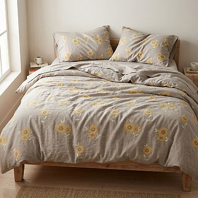 4-Piece Cotton Bedding Set with Sunflower Print Duvet Cover, Pillowcases, and Flat Sheet
