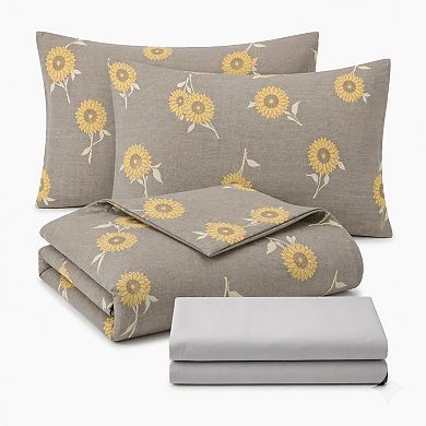 4-Piece Cotton Bedding Set with Sunflower Print Duvet Cover, Pillowcases, and Flat Sheet
