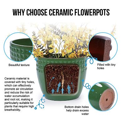 KWPZQEB Handmade Ceramic Flower Pot Set of 3 with Diamond Pattern for Indoor, Outdoor