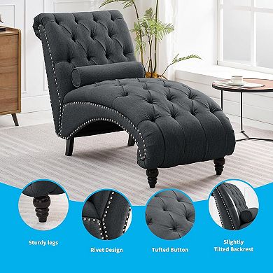 Mjkone Button Tufted Linen Chaise Lounge with Nailhead Trim & Wood Legs