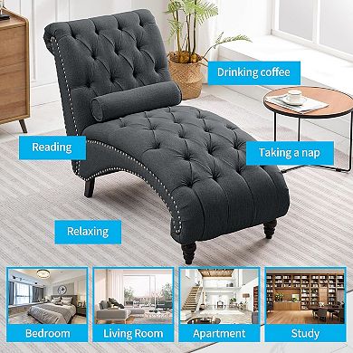 Mjkone Button Tufted Linen Chaise Lounge with Nailhead Trim & Wood Legs