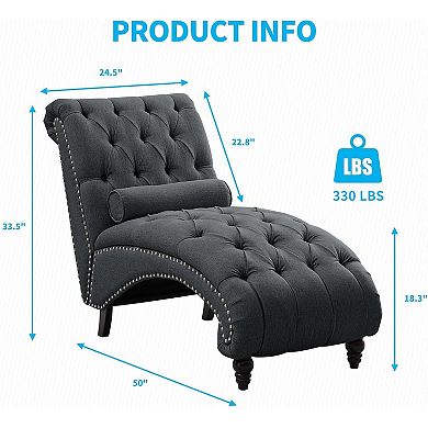 Mjkone Button Tufted Linen Chaise Lounge with Nailhead Trim & Wood Legs