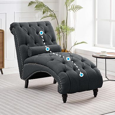 Mjkone Button Tufted Linen Chaise Lounge with Nailhead Trim & Wood Legs