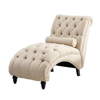 Mjkone Button Tufted Linen Chaise Lounge with Nailhead Trim & Wood Legs
