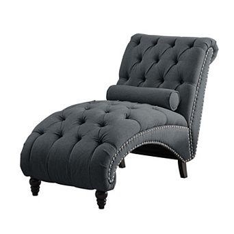 Mjkone Button Tufted Linen Chaise Lounge with Nailhead Trim & Wood Legs