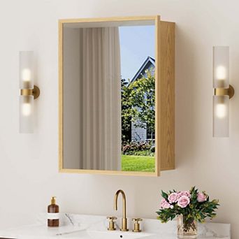 Reno Series Wood Medicine Cabinet with Mirror, Wall Mounted or Recessed, Rubberwood Finish