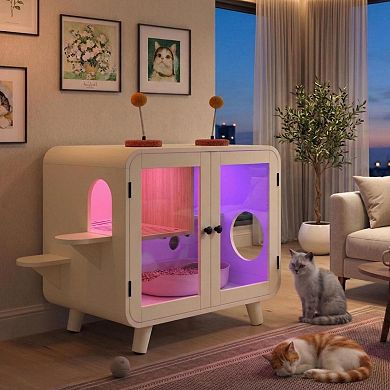 KWPZQEB Cat Hidden Litter Box Enclosure with RGB LED Light, Cat Pom-pom Toys for Fun