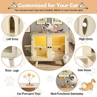 KWPZQEB Cat Hidden Litter Box Enclosure with RGB LED Light, Cat Pom-pom Toys for Fun