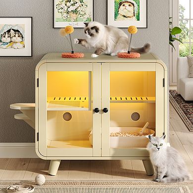 KWPZQEB Cat Hidden Litter Box Enclosure with RGB LED Light, Cat Pom-pom Toys for Fun
