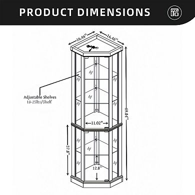 Eazegath Lighted Corner Curio Glass Display Storage Cabinet with 3 Adjustable Shelves and Bulb