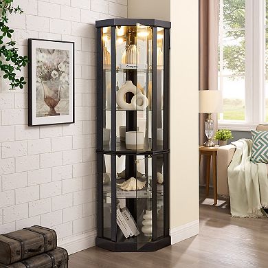 Eazegath Lighted Corner Curio Glass Display Storage Cabinet with 3 Adjustable Shelves and Bulb