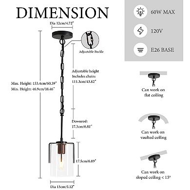 KWPZQEB Industrial Pendant Light with Glass Shade, Adjustable Metal Pendant Light(Bulb Not Included)