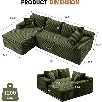 94.5" Left-Facing Sectional Corduroy Couch with Reversible Chaise, L-Shaped for Living Room
